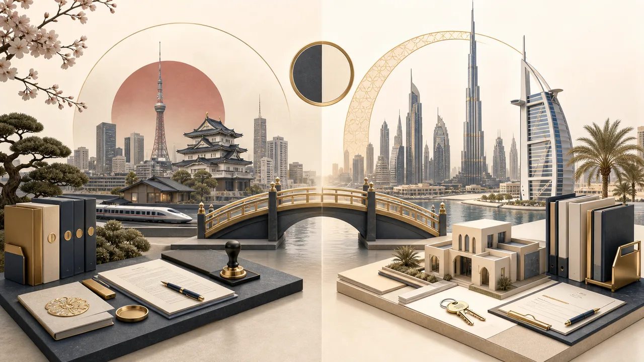 日本とUAEの生活・行政制度を対比した街並み